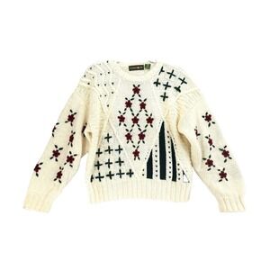 Outback Red Chunky Cable Knit Flowers Geometric Patterns Ivory Sz M Wool Blend